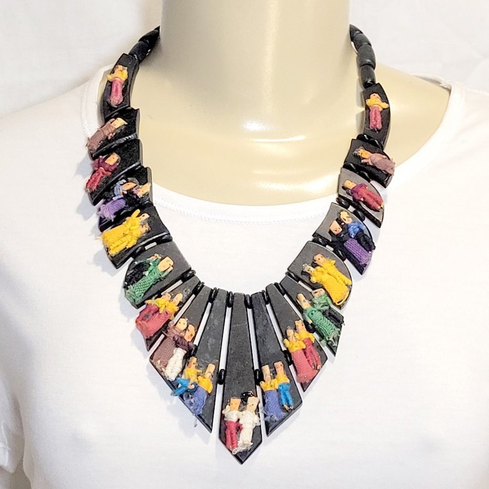 Guatemala Mexican Vintage Black Dyed Wooden Worry Doll Handmade Necklace